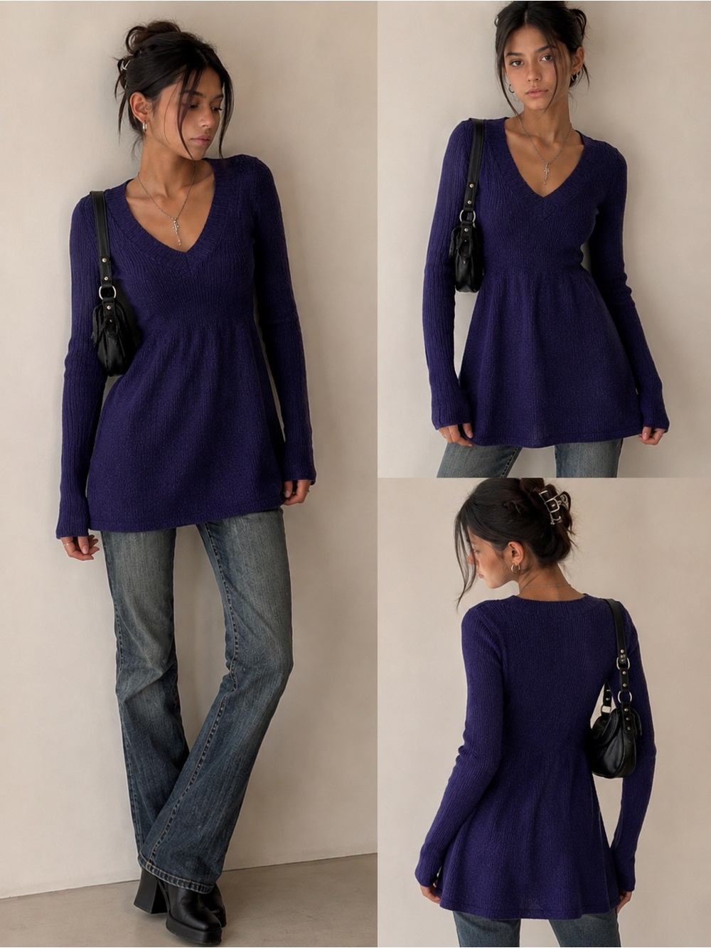Vintage Arizona Jean Company Deep Purple V-Neck Babydoll Sweater